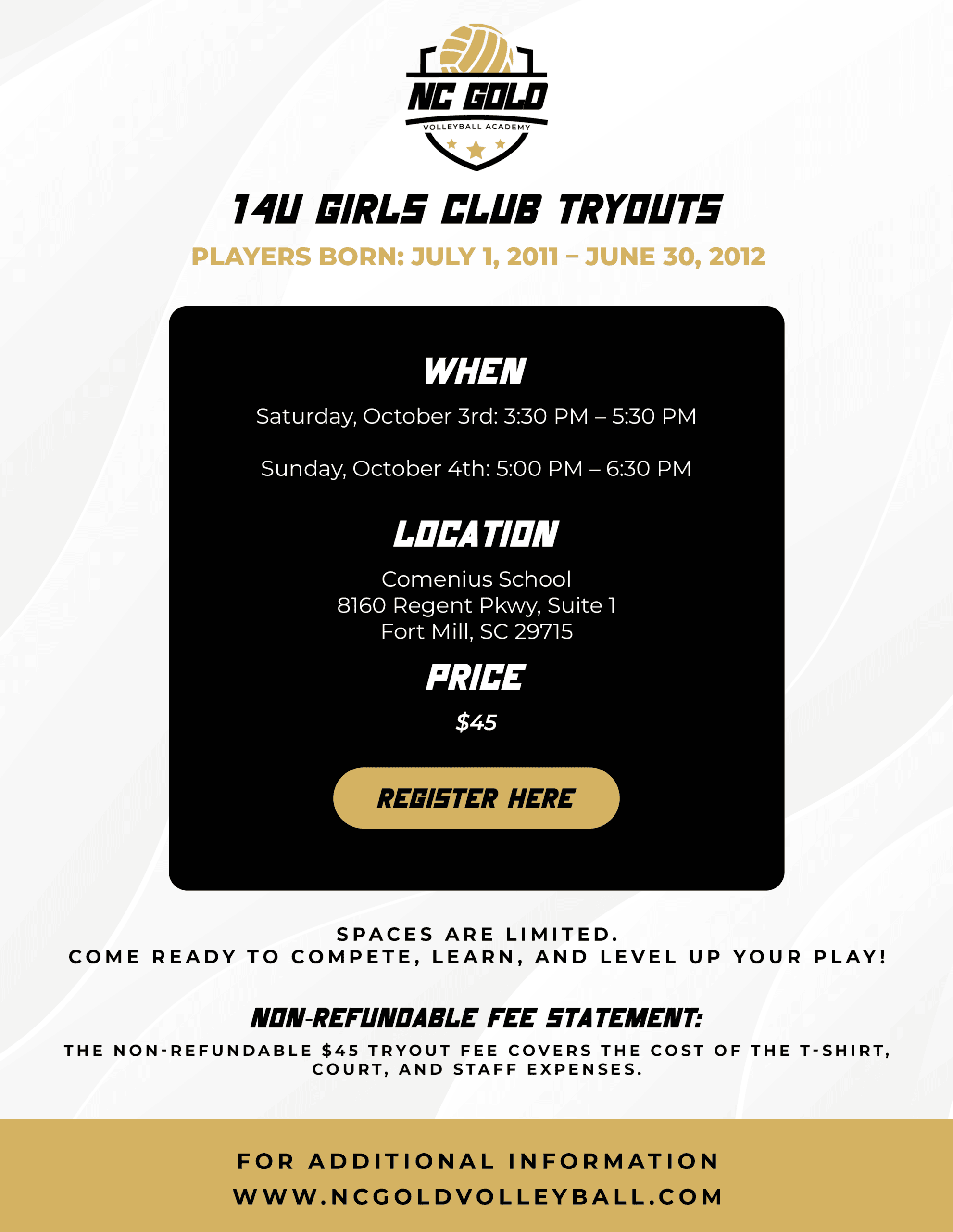 14U Girls Tryouts Oct 3-4